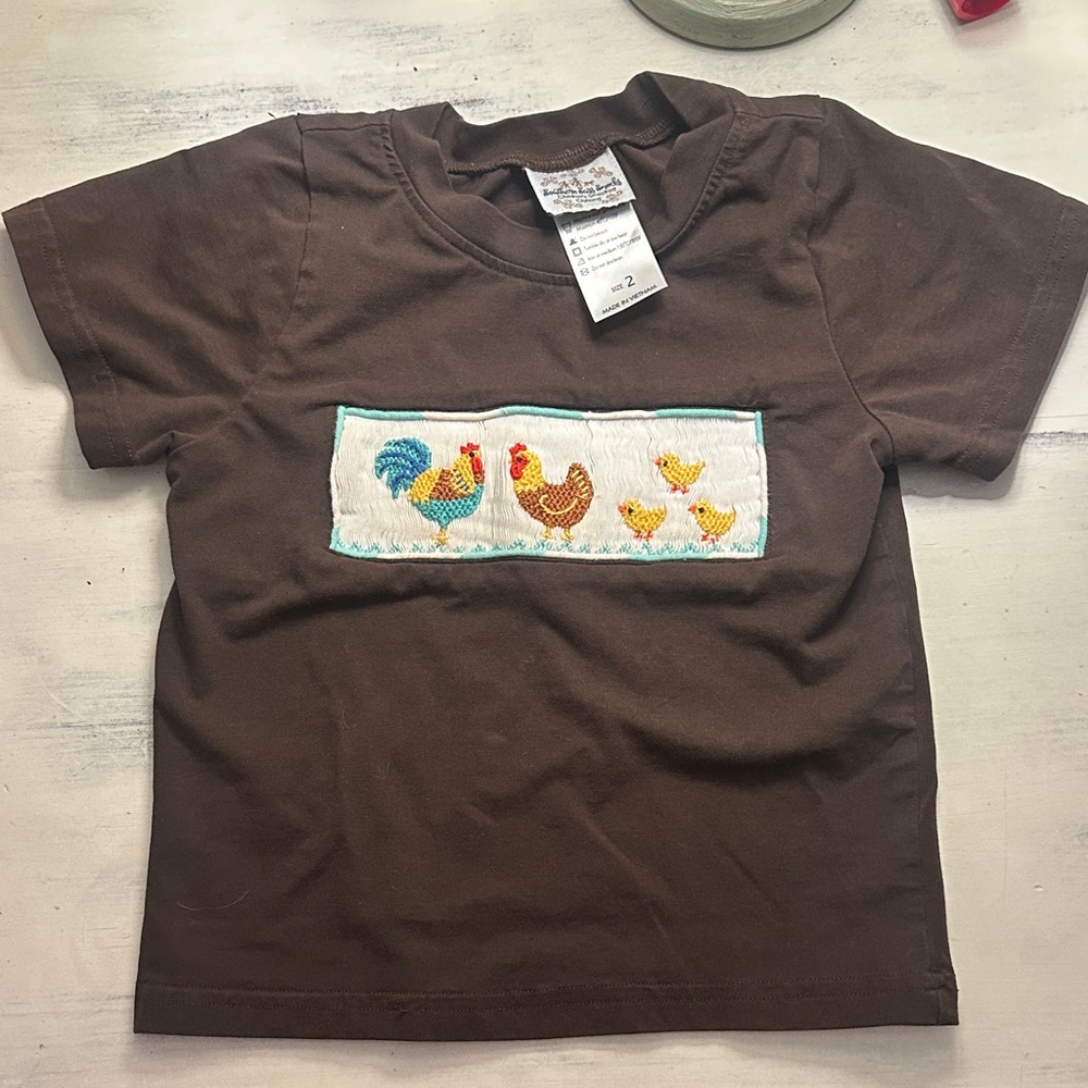 Brown Kids Shirt with smocked Chickens